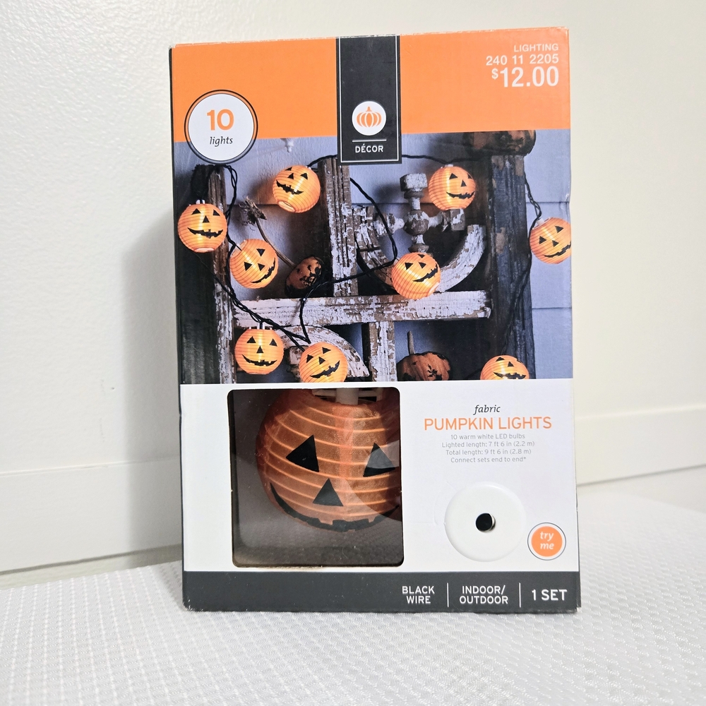 Pumpkin Lantern Halloween Lights Fabric 10 LED Corded Electric Jack O Lanterns